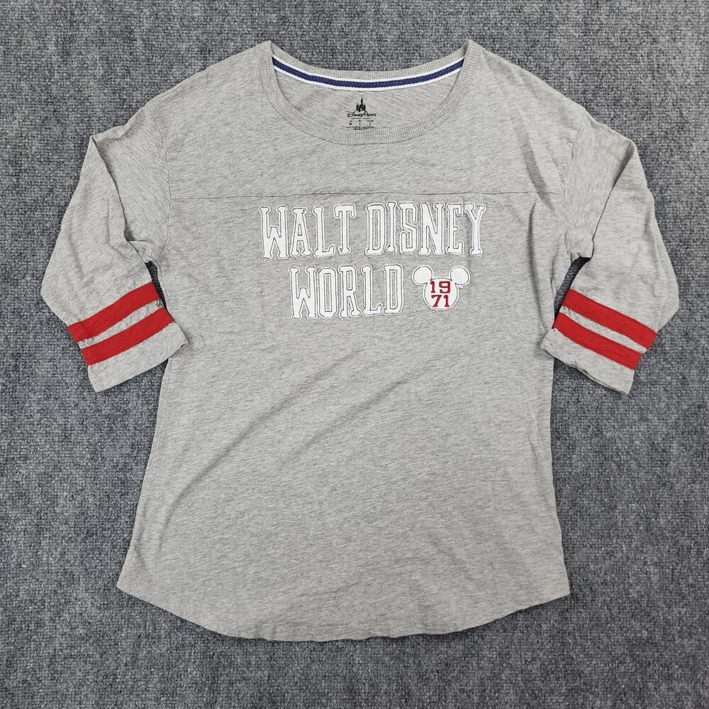 Walt Disney World Shirt Womens Medium Gray Embroidered Logo 3/4 Sleeve Classic